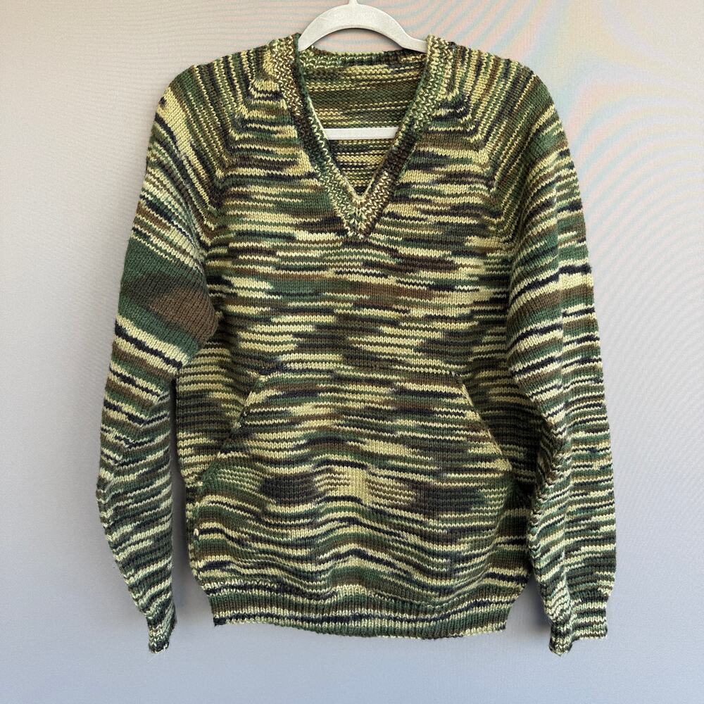 Hand crocheted Unisex Camo Sweater  - v neck Green Army Hand Made OOAK size L